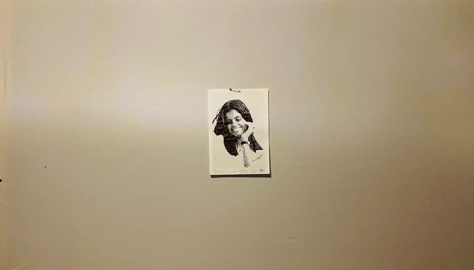 The handmade portrait displayed on the wall